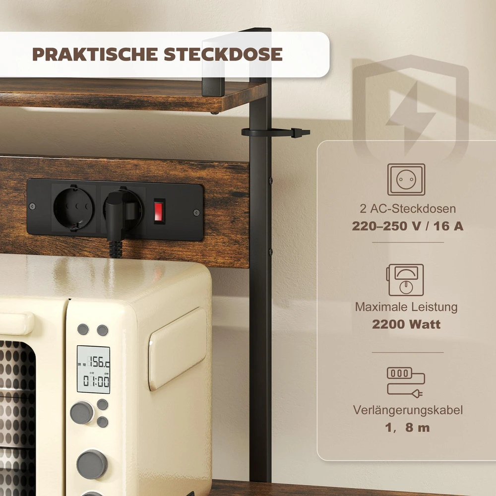 HOMCOM virtuvės lentyna, pastatoma lentyna su 2 elektros lizdais, 5 S formos kabliukais, 5 lentynomis, krepšiu, plieniniais X formos skersiniais, 90 x 42 x 130 cm