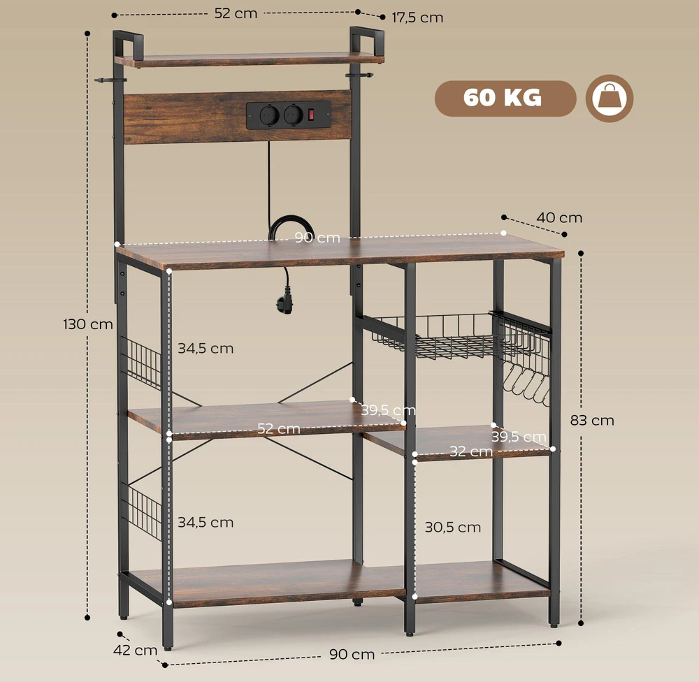 HOMCOM virtuvės lentyna, pastatoma lentyna su 2 elektros lizdais, 5 S formos kabliukais, 5 lentynomis, krepšiu, plieniniais X formos skersiniais, 90 x 42 x 130 cm