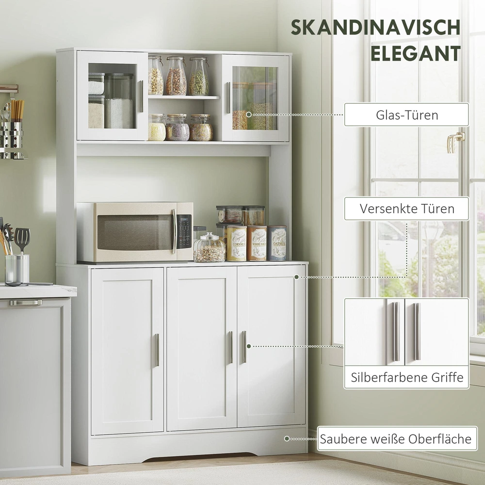 HOMCOM virtuvinė spintelė, aukšta spintelė su stalviršiu, bufetas su reguliuojamomis lentynomis, 5 durys, sandėliavimo spintelė su stiklinėmis durelėmis, skandinaviško stiliaus, balta