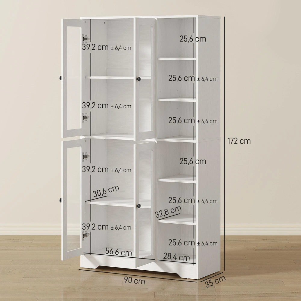 HOMCOM virtuvinė spintelė su stiklinėmis durelėmis, lentynomis, atviromis lentynėlėmis, 172 cm aukščio, MDF, balta