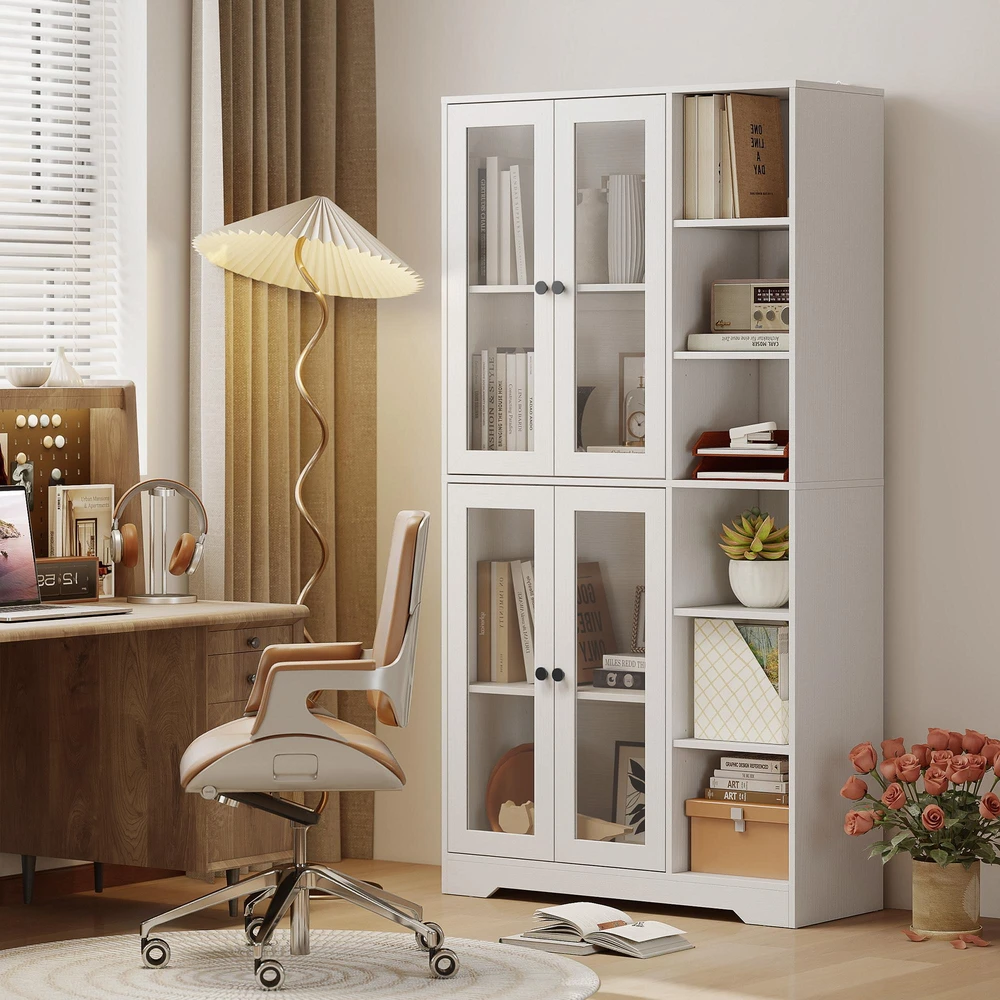 HOMCOM virtuvinė spintelė su stiklinėmis durelėmis, lentynomis, atviromis lentynėlėmis, 172 cm aukščio, MDF, balta