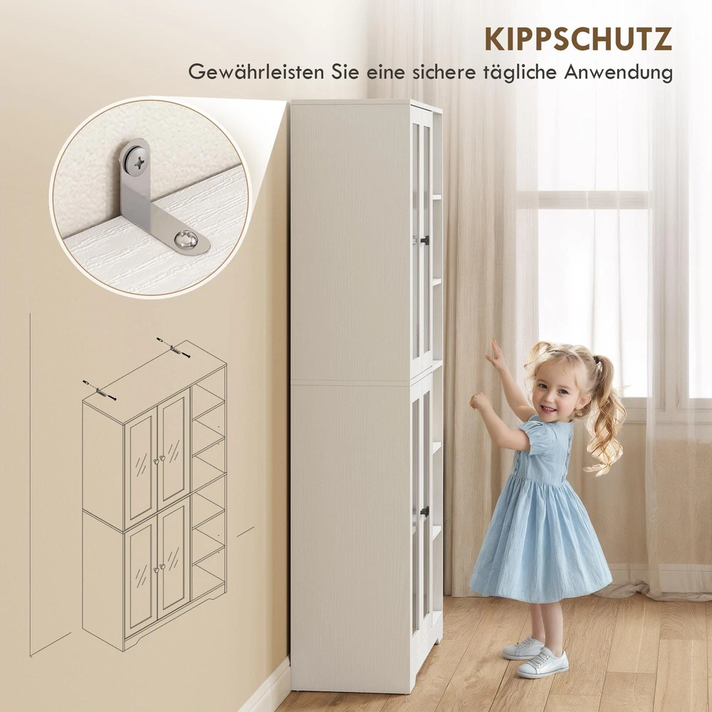 HOMCOM virtuvinė spintelė su stiklinėmis durelėmis, lentynomis, atviromis lentynėlėmis, 172 cm aukščio, MDF, balta