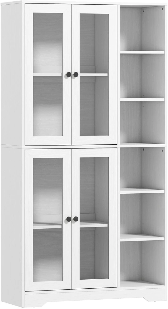 HOMCOM virtuvinė spintelė su stiklinėmis durelėmis, lentynomis, atviromis lentynėlėmis, 172 cm aukščio, MDF, balta