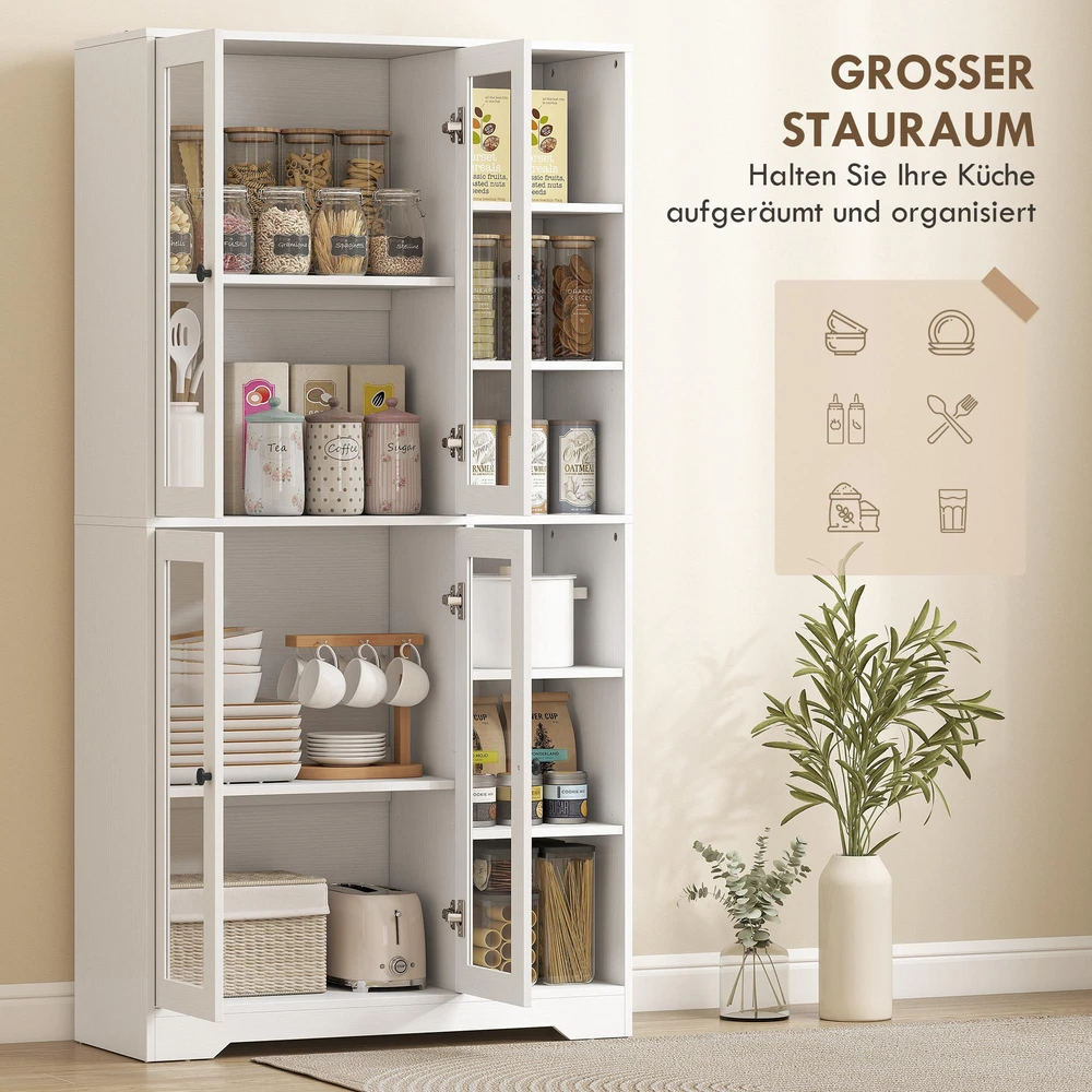 HOMCOM virtuvinė spintelė su stiklinėmis durelėmis, lentynomis, atviromis lentynėlėmis, 172 cm aukščio, MDF, balta