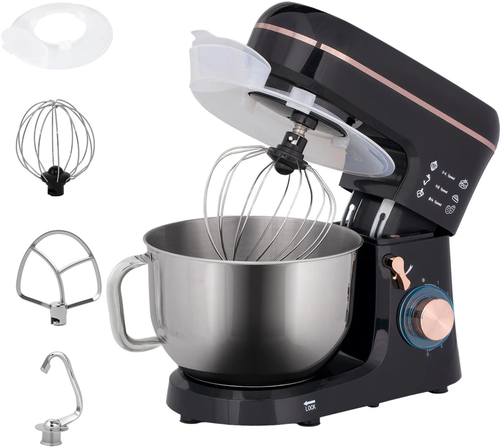 HOMCOM virtuvinis kombainas, 5,5 l nerūdijančio plieno dubuo, 1400 W, 6+P greičio režimai, tešlos maišyklė su plakikliu, tešlos kabliu, šluotele, apsauga nuo tiškalų, grandikliu ir kiaušinių separatoriumi, juodas