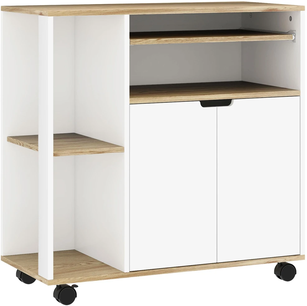 HOMCOM virtuvinis vežimėlis, serviravimo staliukas su spintele, slankiojančiomis ir reguliuojamomis lentynomis, vežimėlis su stalviršiu, ratukais valgomajam, 80 x 40 x 82 cm, baltas