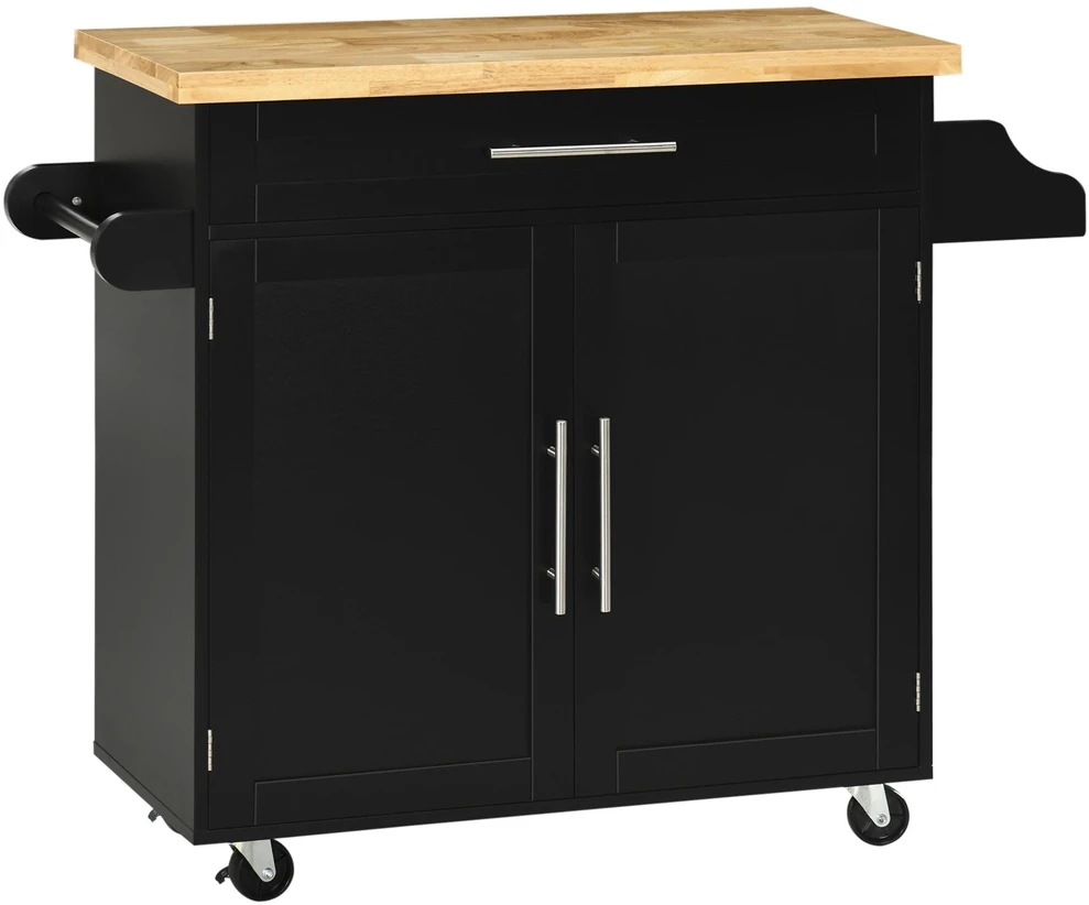 HOMCOM virtuvinis vežimėlis, serviravimo vežimėlis su stalviršiu, prieskonių lentyna, rankšluosčių laikikliu svetainei, valgomajam, juodas, 109 x 40 x 89 cm