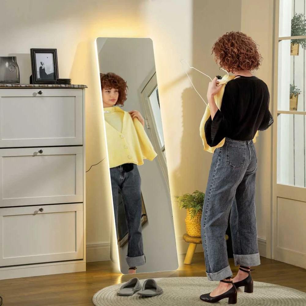HOMCOM viso ūgio veidrodis, 150 x 40 cm pastatomas veidrodis su LED apšvietimu, 3 šviesos spalvos, sieninis veidrodis su stovu, jutiklinis jungiklis miegamajam, svetainei, skaidrus