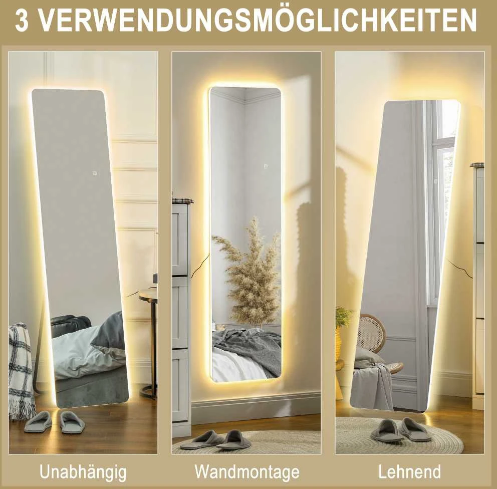 HOMCOM viso ūgio veidrodis, 150 x 40 cm pastatomas veidrodis su LED apšvietimu, 3 šviesos spalvos, sieninis veidrodis su stovu, jutiklinis jungiklis miegamajam, svetainei, skaidrus