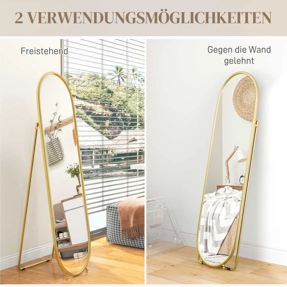HOMCOM veidrodis per visą ūgį, 160 x 40 cm sieninis veidrodis su stovu, metalinis rėmas, ovalus pastatomas veidrodis svetainei, miegamajam, auksinis