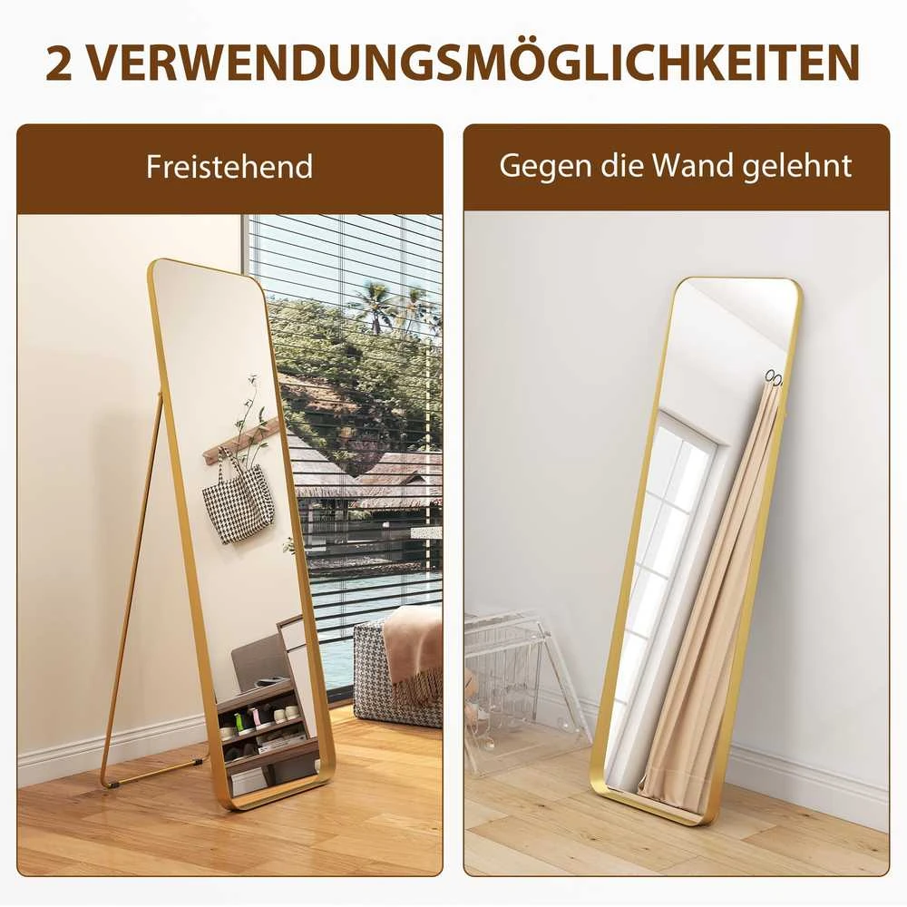 HOMCOM viso ūgio veidrodis 160 x 50 cm, siaurėjantis pastatomas veidrodis su metaliniu rėmu ir dūžiams atspariu stiklu, sieninis veidrodis statymui, atėmimui, veidrodis svetainei, miegamajam, prieškambariui, auksinis