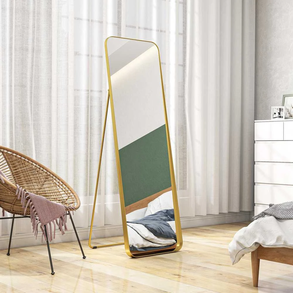 HOMCOM viso ūgio veidrodis 160 x 50 cm, siaurėjantis pastatomas veidrodis su metaliniu rėmu ir dūžiams atspariu stiklu, sieninis veidrodis statymui, atėmimui, veidrodis svetainei, miegamajam, prieškambariui, auksinis