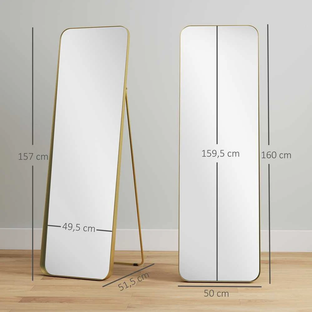 HOMCOM viso ūgio veidrodis 160 x 50 cm, siaurėjantis pastatomas veidrodis su metaliniu rėmu ir dūžiams atspariu stiklu, sieninis veidrodis statymui, atėmimui, veidrodis svetainei, miegamajam, prieškambariui, auksinis