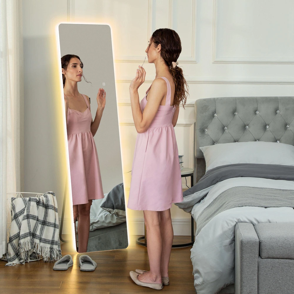 HOMCOM viso ūgio veidrodis, 150 x 40 cm pastatomas veidrodis su LED apšvietimu, 3 šviesos spalvos, sieninis veidrodis su stovu, jutiklinis jungiklis miegamajam, svetainei, skaidrus