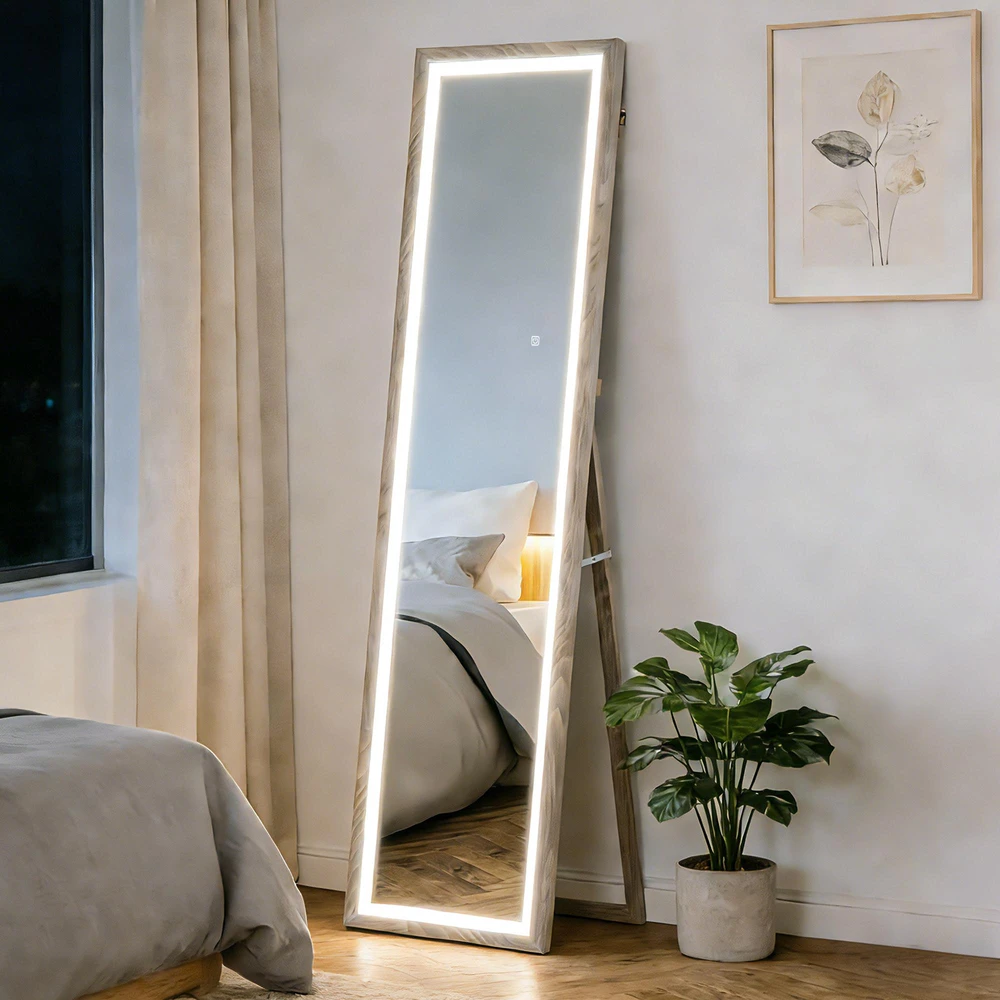 HOMCOM viso ūgio veidrodis 40 x 160 cm, pastatomas veidrodis su LED apšvietimu, 3 šviesos spalvos, sieninis veidrodis su jutikliniu valdymu, grindinis veidrodis miegamajam, svetainei, pilkas