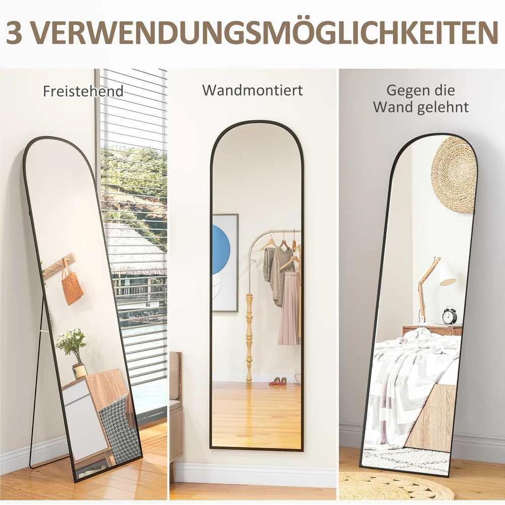 HOMCOM viso ūgio veidrodis 169 x 49 cm, arkinis pastatomas veidrodis su dūžimui atspariu stiklu ir aliuminio rėmu, sieninis veidrodis atraminis, laisvai pastatomas, svetainei, miegamajam, koridoriui, juodas