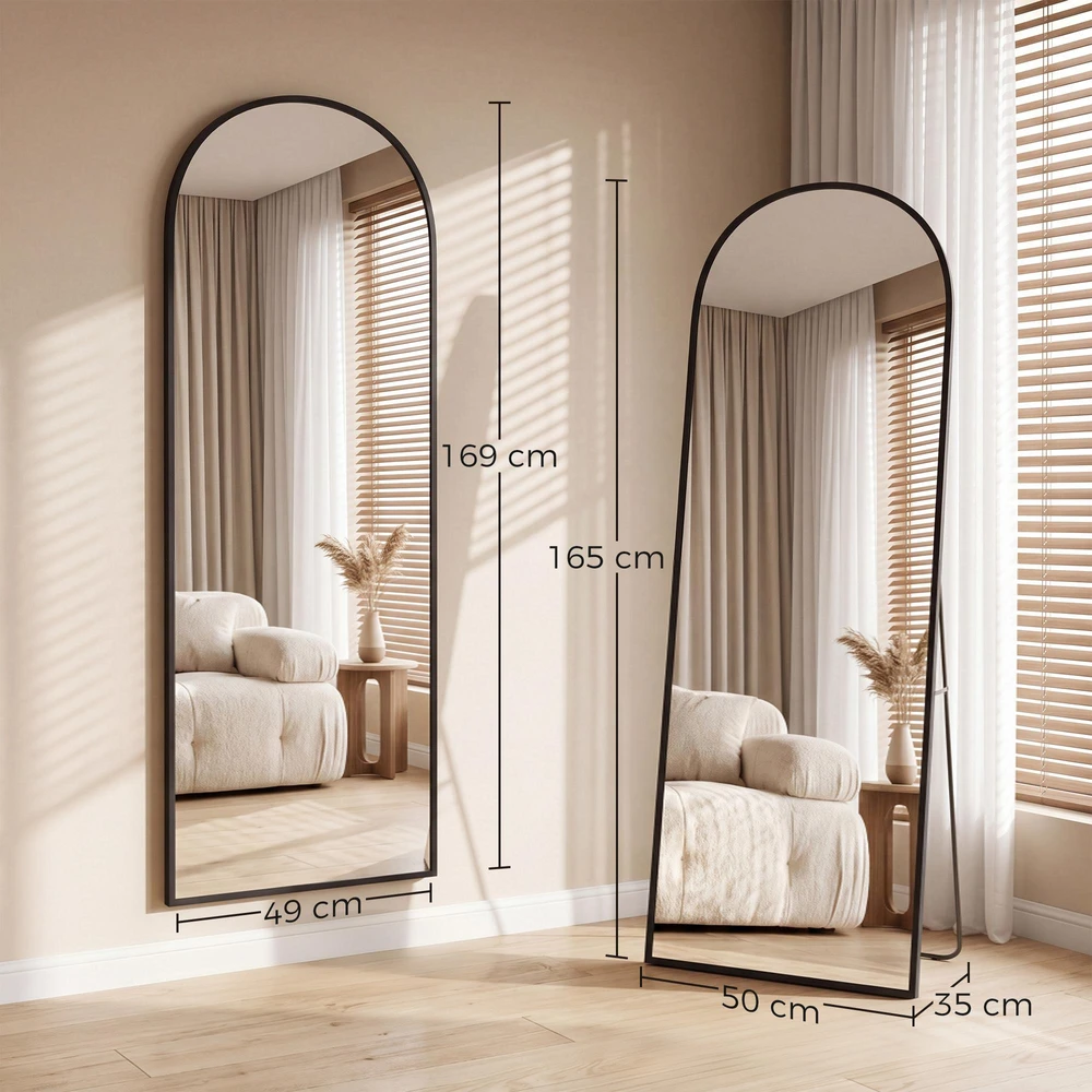 HOMCOM viso ūgio veidrodis 169 x 49 cm, arkinis pastatomas veidrodis su dūžimui atspariu stiklu ir aliuminio rėmu, sieninis veidrodis atraminis, laisvai pastatomas, svetainei, miegamajam, koridoriui, juodas