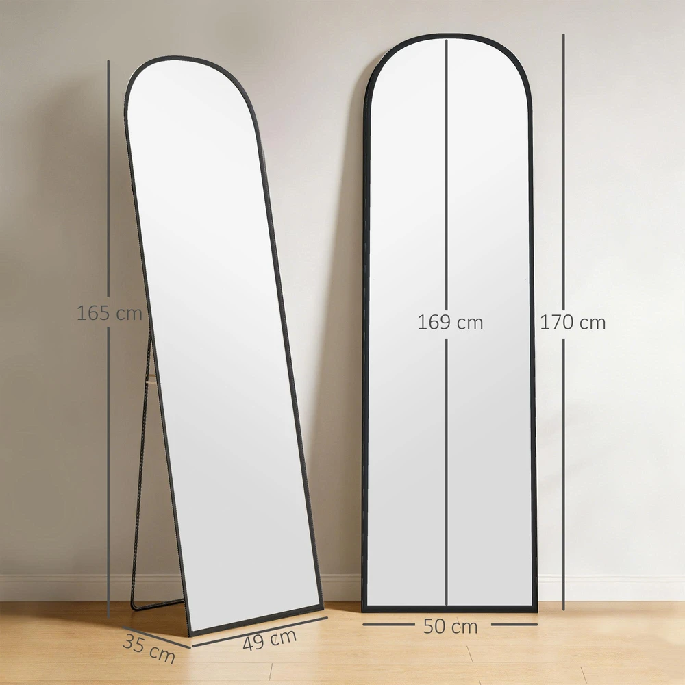 HOMCOM viso ūgio veidrodis 169 x 49 cm, arkinis pastatomas veidrodis su dūžimui atspariu stiklu ir aliuminio rėmu, sieninis veidrodis atraminis, laisvai pastatomas, svetainei, miegamajam, koridoriui, juodas