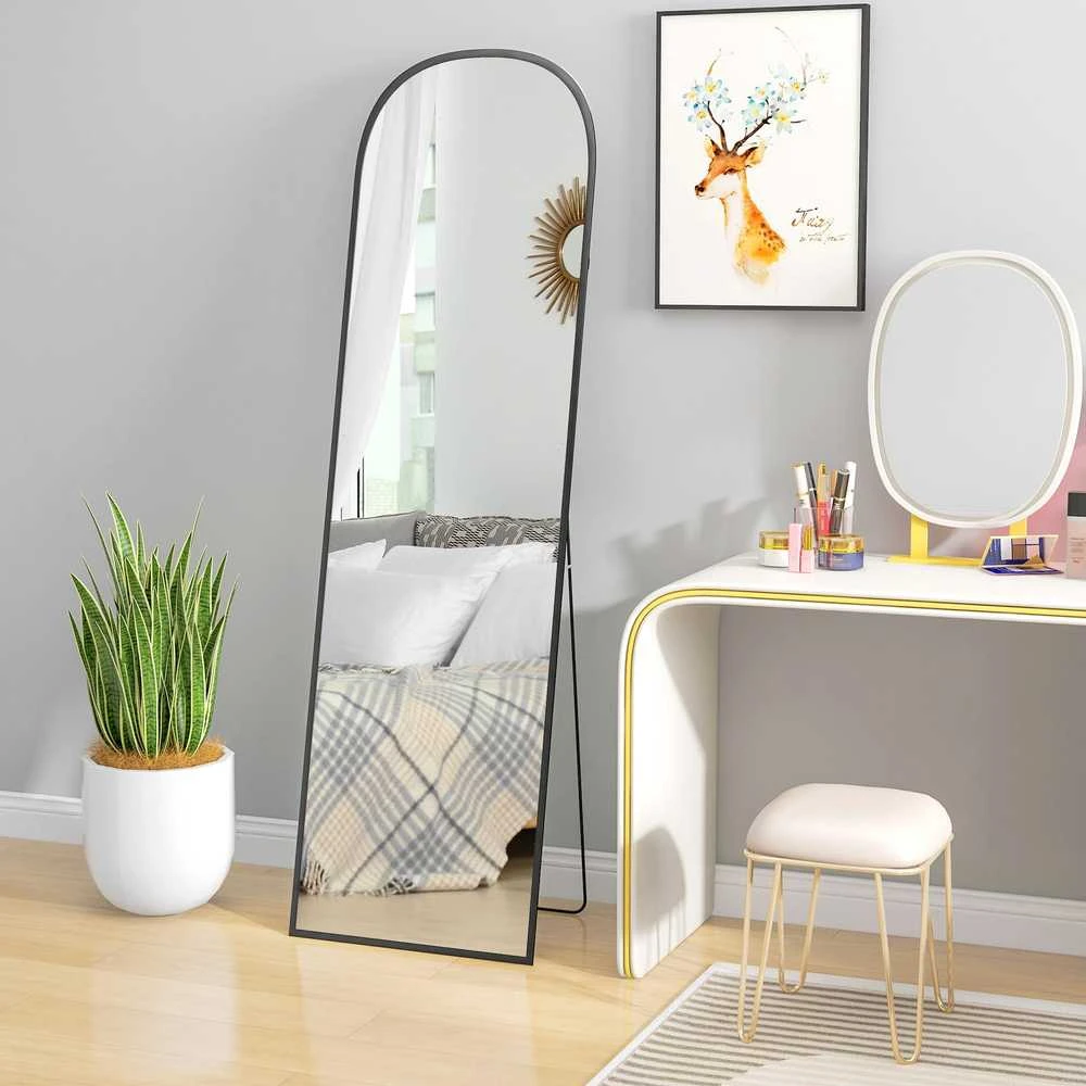HOMCOM viso ūgio veidrodis 169 x 49 cm, arkinis pastatomas veidrodis su dūžimui atspariu stiklu ir aliuminio rėmu, sieninis veidrodis atraminis, laisvai pastatomas, svetainei, miegamajam, koridoriui, juodas