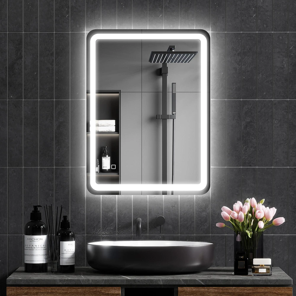 HOMCOM vonios veidrodis, 60 x 80 cm LED veidrodis su jutikliniu jungikliu, atminties funkcija, sieninis veidrodis su apsauga nuo rasojimo ir 3 apšvietimo spalvomis, sidabrinis