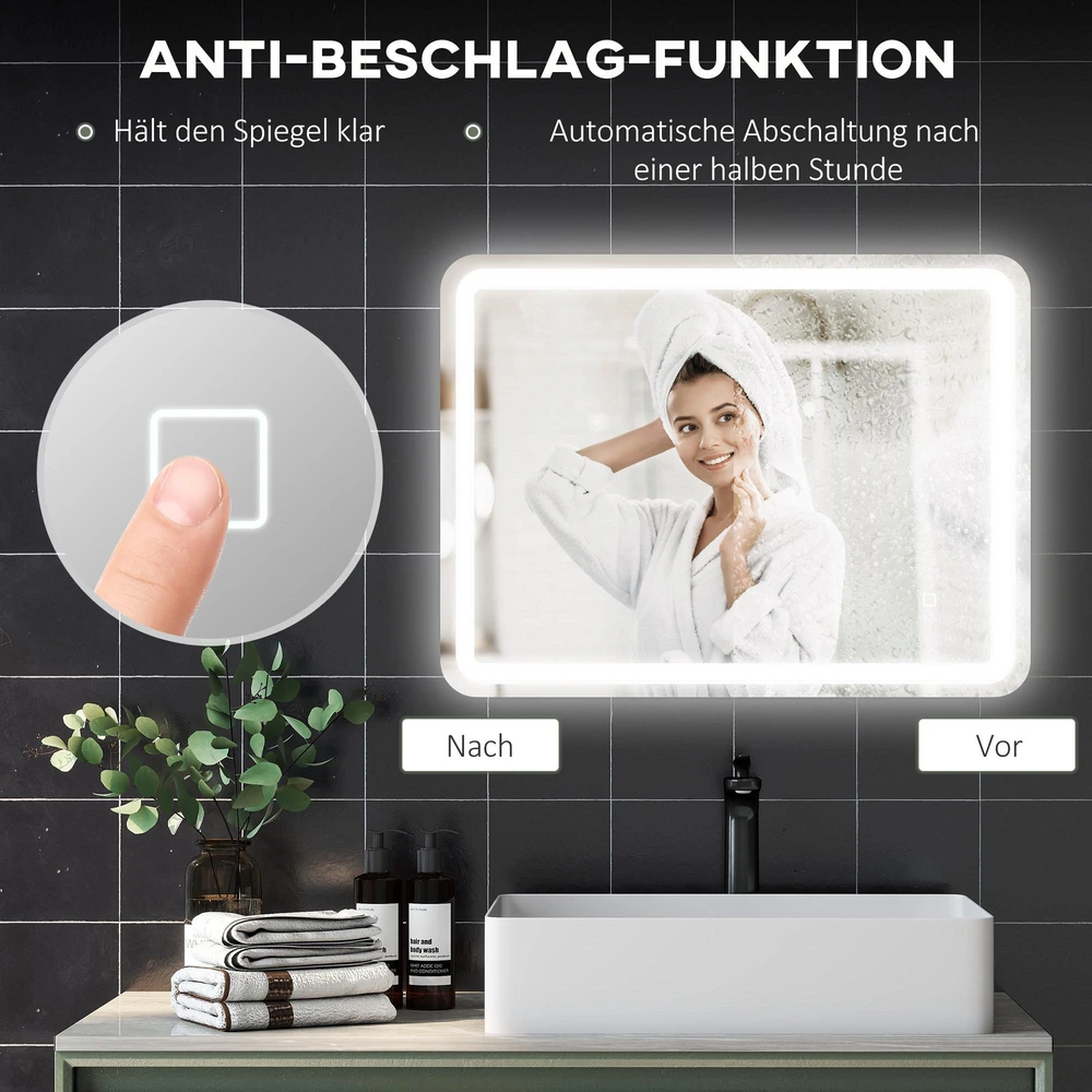 HOMCOM vonios veidrodis, 60 x 80 cm LED veidrodis su jutikliniu jungikliu, atminties funkcija, sieninis veidrodis su apsauga nuo rasojimo ir 3 apšvietimo spalvomis, sidabrinis