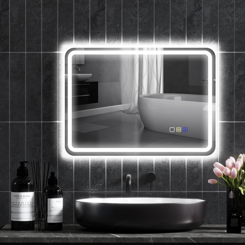 HOMCOM vonios veidrodis su apšvietimu 50x70 cm, LED veidrodis, sieninis veidrodis su „Bluetooth“ muzikos funkcija, jutikliniu jungikliu, atminties funkcija, apsauga nuo rasojimo, 3 šviesos spalvos, sidabrinis