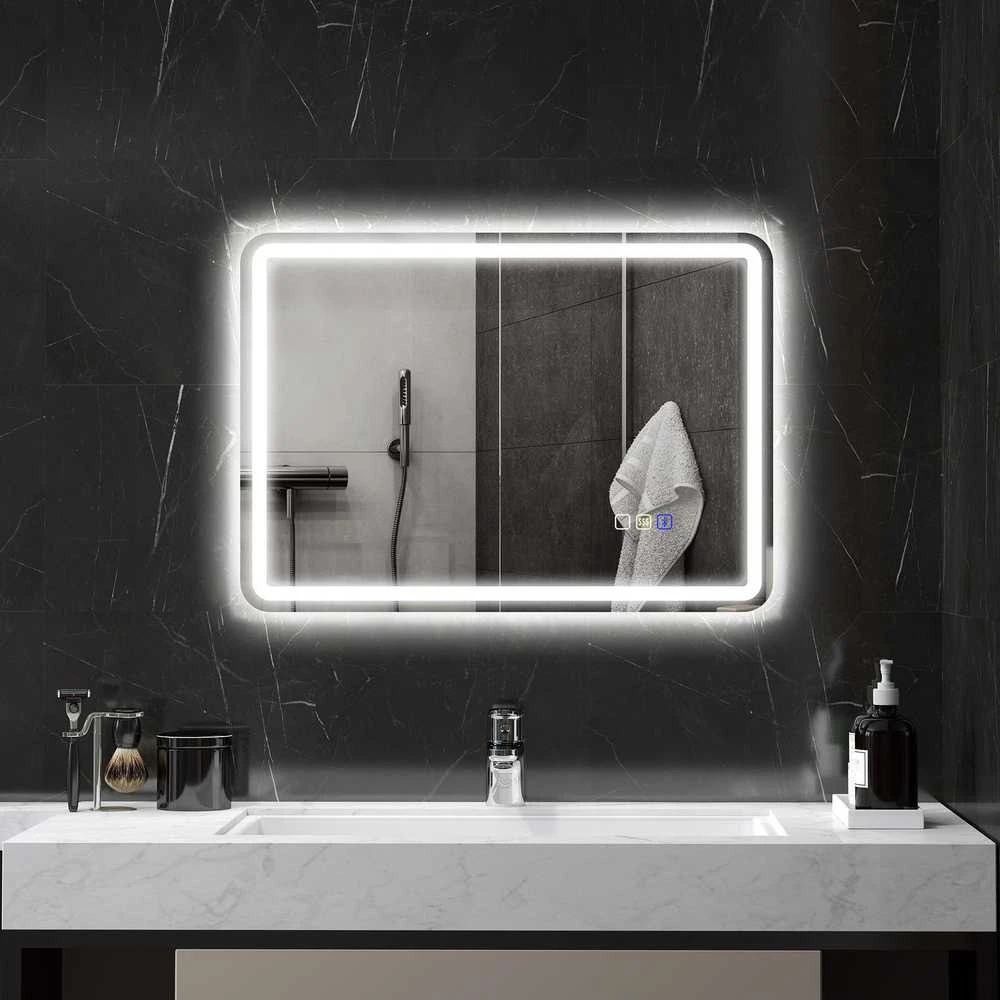HOMCOM vonios veidrodis su apšvietimu 50x70 cm, LED veidrodis, sieninis veidrodis su „Bluetooth“ muzikos funkcija, jutikliniu jungikliu, atminties funkcija, apsauga nuo rasojimo, 3 šviesos spalvos, sidabrinis