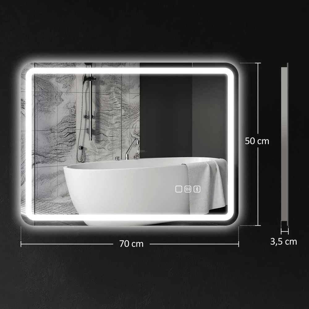 HOMCOM vonios veidrodis su apšvietimu 50x70 cm, LED veidrodis, sieninis veidrodis su „Bluetooth“ muzikos funkcija, jutikliniu jungikliu, atminties funkcija, apsauga nuo rasojimo, 3 šviesos spalvos, sidabrinis