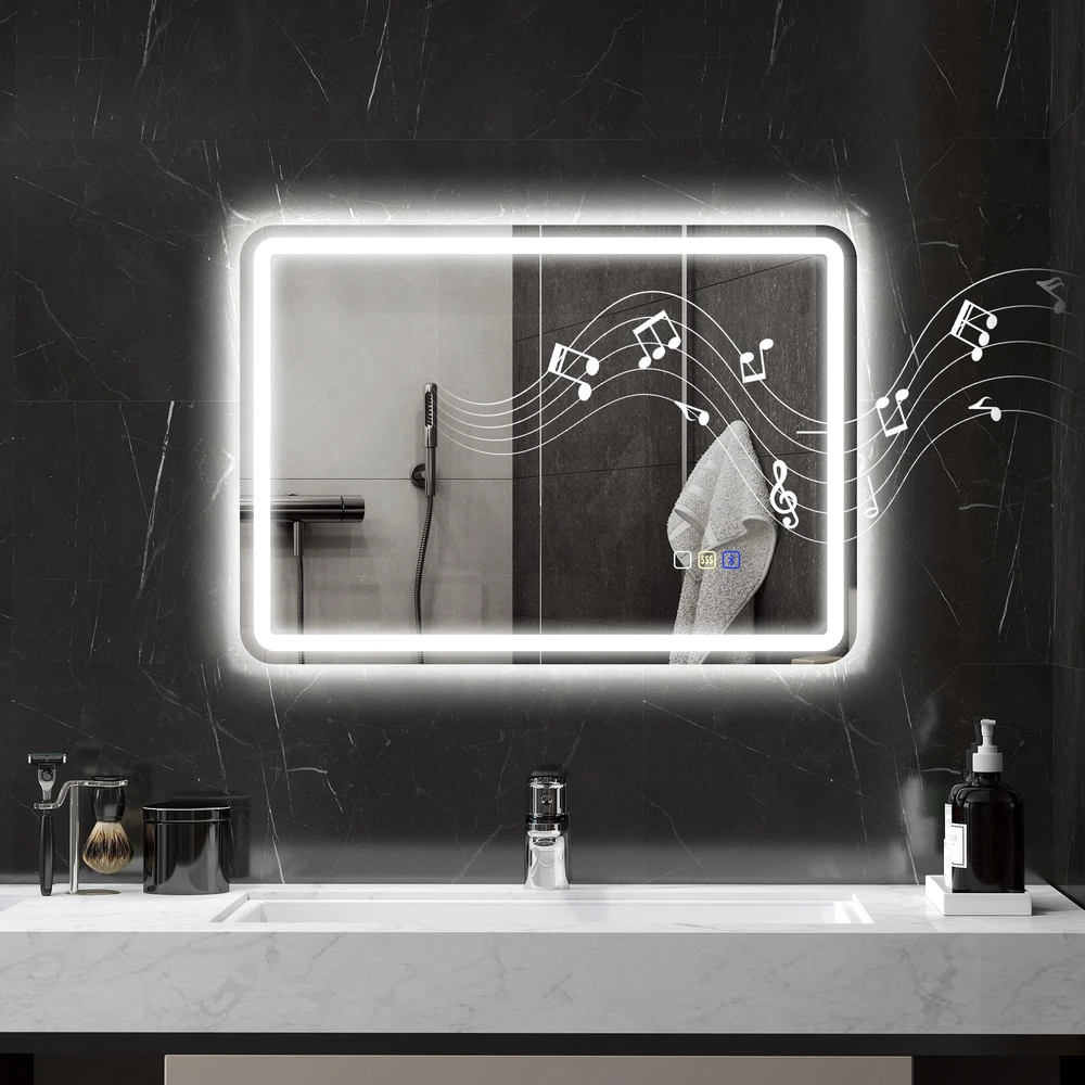 HOMCOM vonios veidrodis su apšvietimu 50x70 cm, LED veidrodis, sieninis veidrodis su „Bluetooth“ muzikos funkcija, jutikliniu jungikliu, atminties funkcija, apsauga nuo rasojimo, 3 šviesos spalvos, sidabrinis
