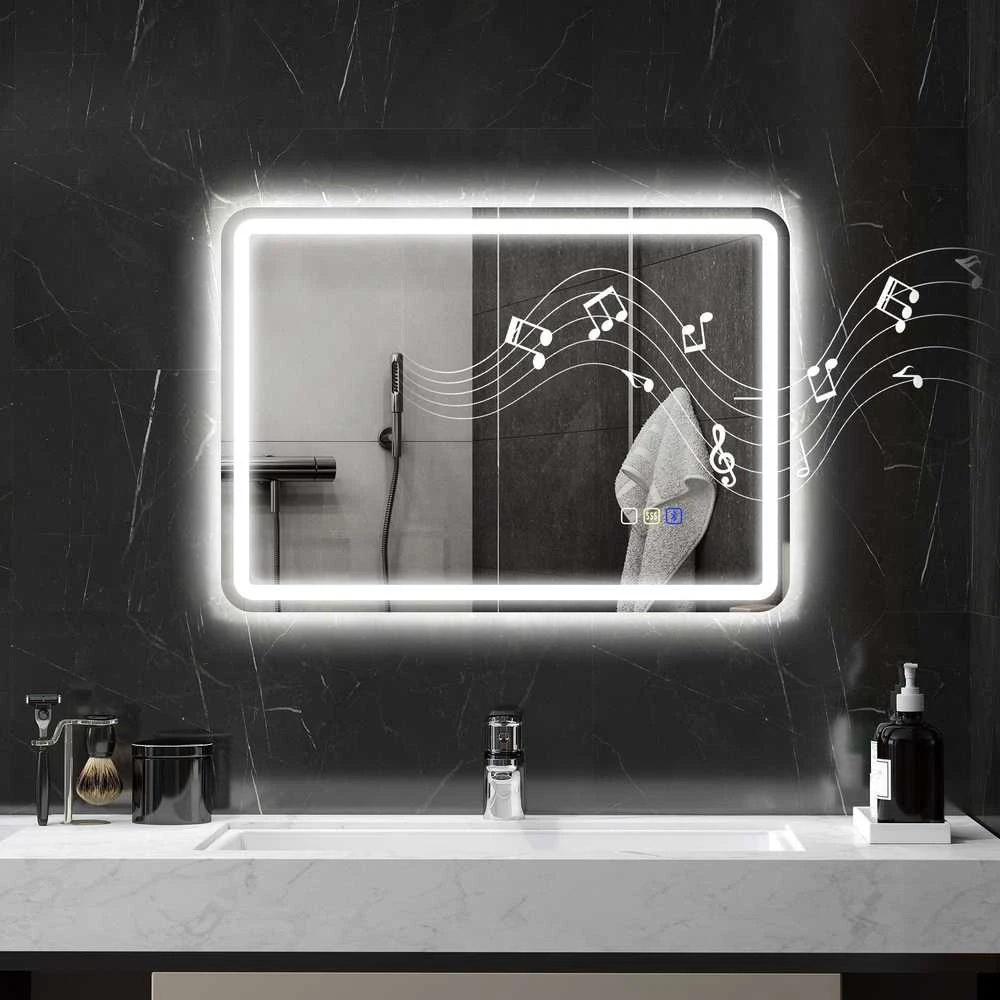 HOMCOM vonios veidrodis su apšvietimu 50x70 cm, LED veidrodis, sieninis veidrodis su „Bluetooth“ muzikos funkcija, jutikliniu jungikliu, atminties funkcija, apsauga nuo rasojimo, 3 šviesos spalvos, sidabrinis