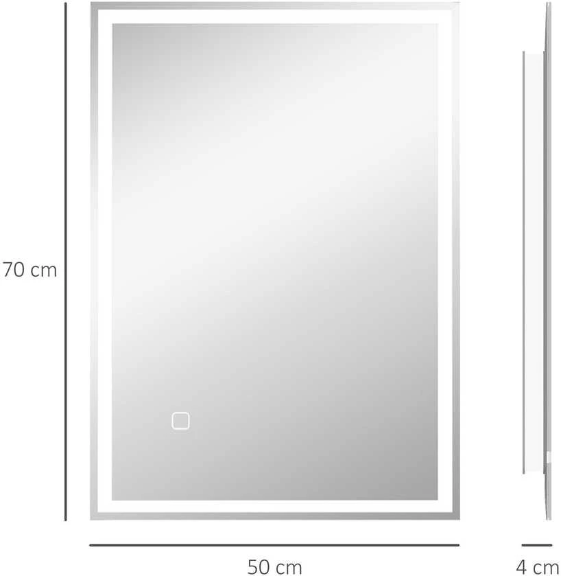 HOMCOM vonios veidrodis su apšvietimu 70 x 50 cm, LED veidrodis su atminties funkcija, sieninis veidrodis su jutikliniu jungikliu, nerasojantis apšviečiamas veidrodis su 3 šviesos spalvomis, baltas