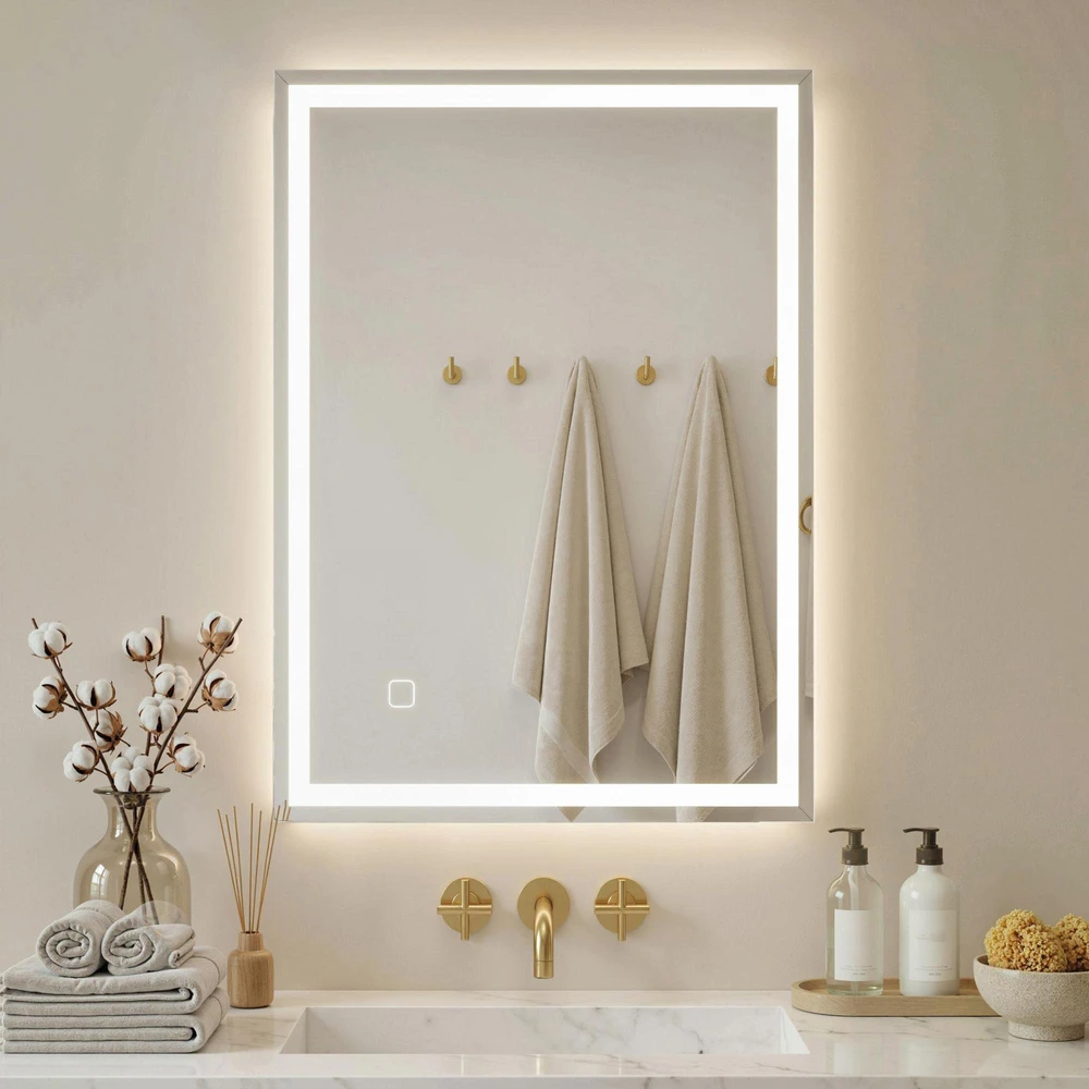 HOMCOM vonios veidrodis su apšvietimu 70 x 50 cm, LED veidrodis su atminties funkcija, sieninis veidrodis su jutikliniu jungikliu, nerasojantis apšviečiamas veidrodis su 3 šviesos spalvomis, baltas
