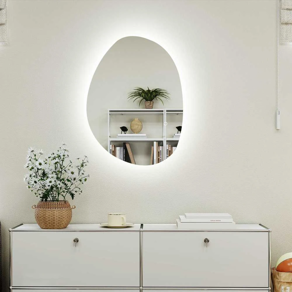 HOMCOM vonios veidrodis su apšvietimu 70x50 cm, LED veidrodis su jutikliniu jungikliu, 3 šviesos spalvos, asimetriškas vonios veidrodis su nerasojimo ir atminties funkcijomis, sieninis veidrodis IP44, vonios kambariui