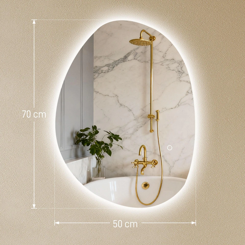 HOMCOM vonios veidrodis su apšvietimu 70x50 cm, LED veidrodis su jutikliniu jungikliu, 3 šviesos spalvos, asimetriškas vonios veidrodis su nerasojimo ir atminties funkcijomis, sieninis veidrodis IP44, vonios kambariui