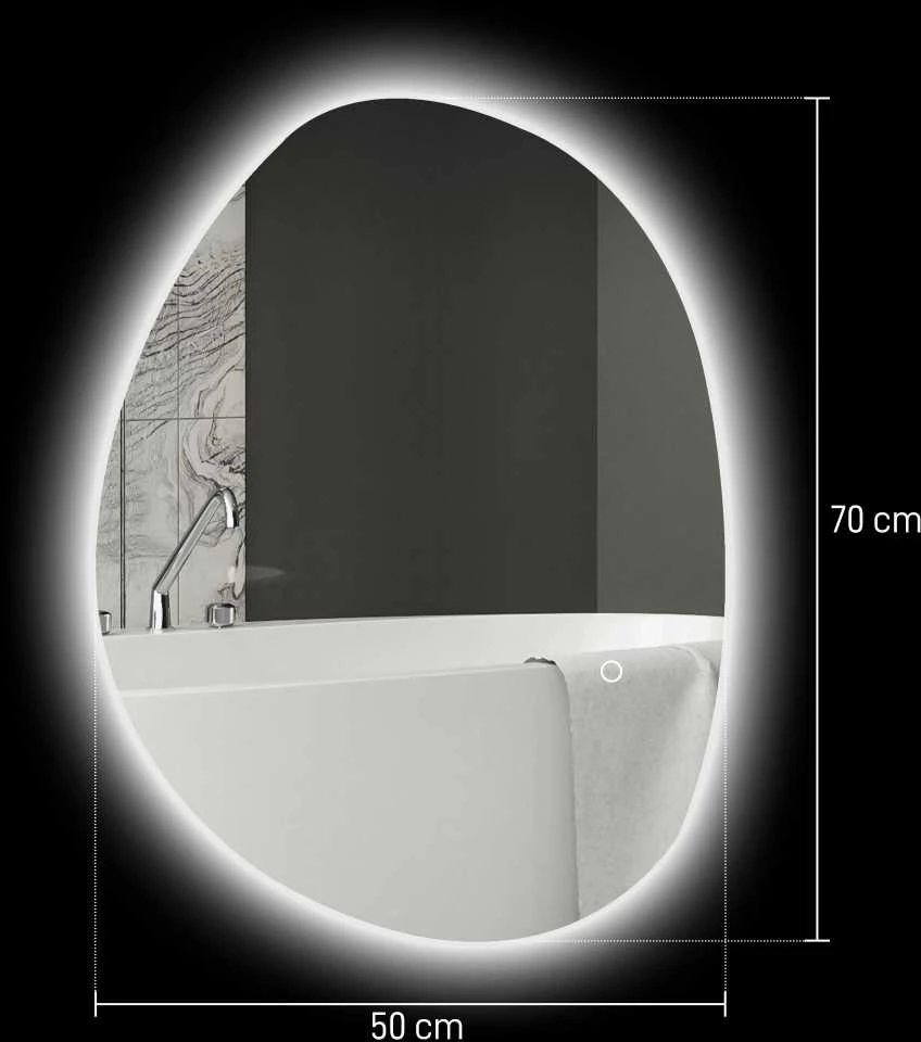 HOMCOM vonios veidrodis su apšvietimu 70x50 cm, LED veidrodis su jutikliniu jungikliu, 3 šviesos spalvos, asimetriškas vonios veidrodis su nerasojimo ir atminties funkcijomis, sieninis veidrodis IP44, vonios kambariui