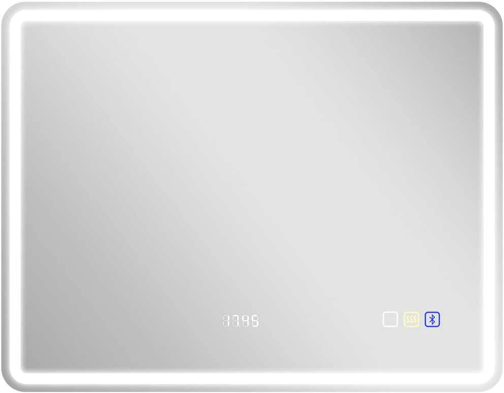 HOMCOM vonios veidrodis su apšvietimu 70x90 cm, LED veidrodis, sieninis veidrodis su Bluetooth muzikos funkcija, laikrodis, jutiklinis jungiklis, atminties funkcija, šviesos veidrodis be rasojimo, su 3 šviesos spalvomis, sidabrinis
