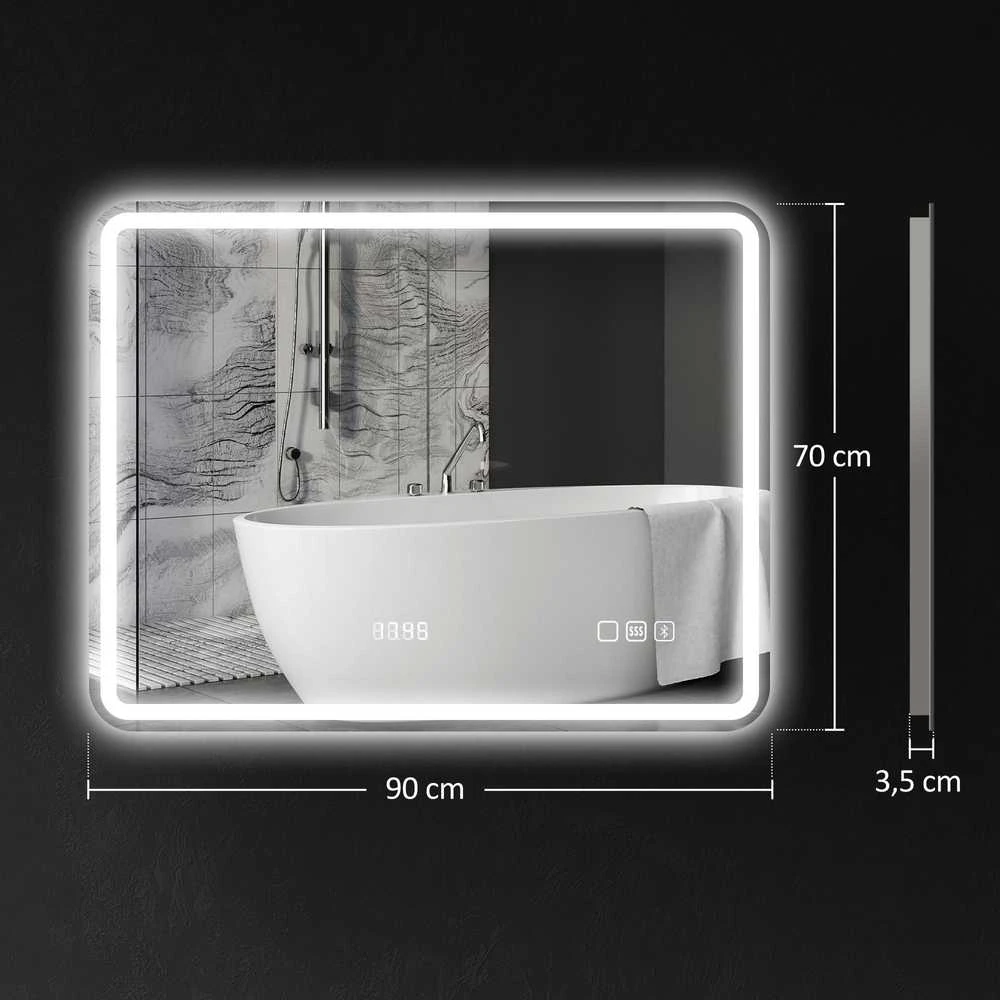 HOMCOM vonios veidrodis su apšvietimu 70x90 cm, LED veidrodis, sieninis veidrodis su Bluetooth muzikos funkcija, laikrodis, jutiklinis jungiklis, atminties funkcija, šviesos veidrodis be rasojimo, su 3 šviesos spalvomis, sidabrinis