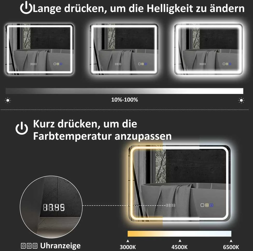 HOMCOM vonios veidrodis su apšvietimu 70x90 cm, LED veidrodis, sieninis veidrodis su Bluetooth muzikos funkcija, laikrodis, jutiklinis jungiklis, atminties funkcija, šviesos veidrodis be rasojimo, su 3 šviesos spalvomis, sidabrinis