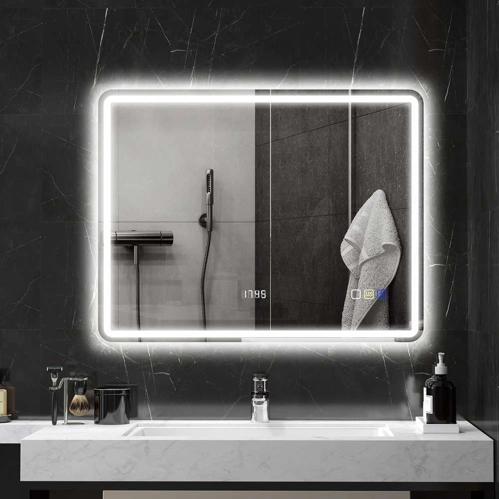 HOMCOM vonios veidrodis su apšvietimu 70x90 cm, LED veidrodis, sieninis veidrodis su Bluetooth muzikos funkcija, laikrodis, jutiklinis jungiklis, atminties funkcija, šviesos veidrodis be rasojimo, su 3 šviesos spalvomis, sidabrinis