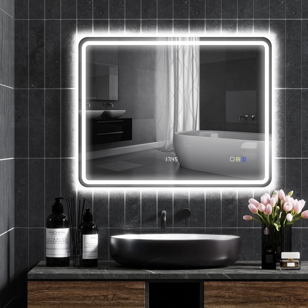 HOMCOM vonios veidrodis su apšvietimu 70x90 cm, LED veidrodis, sieninis veidrodis su Bluetooth muzikos funkcija, laikrodis, jutiklinis jungiklis, atminties funkcija, šviesos veidrodis be rasojimo, su 3 šviesos spalvomis, sidabrinis