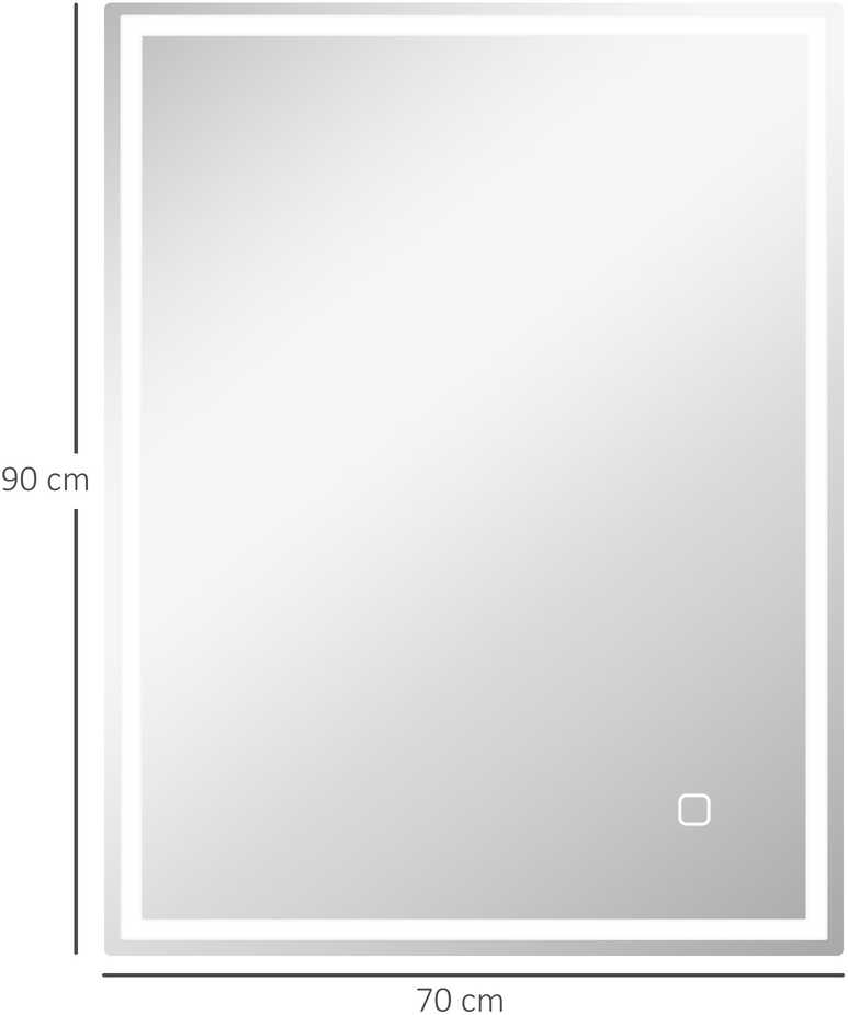 HOMCOM vonios veidrodis su apšvietimu 90x70 cm, LED sieninis veidrodis su atminties funkcija, 3 šviesos spalvų, nuo rasojimo apsaugotas, su jutikliniu jungikliu, sidabrinis