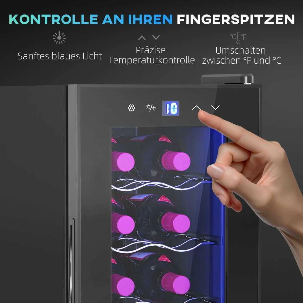 HOMCOM vyno šaldytuvas 12 butelių 30L 8-18℃ dvigubas termoelektrinis butelių šaldytuvas su stiklinėmis durelėmis, gėrimų šaldytuvas su LED apšvietimu, mažas vyno šaldytuvas su jutikliniu ekranu, juodas
