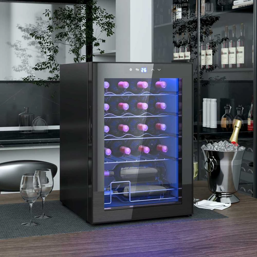HOMCOM vyno šaldytuvas, 20 butelių, 53 l, 5–18 ℃, kompresorinis gėrimų šaldytuvas su anti-UV stiklo durelėmis, butelių šaldytuvas su LED apšvietimu, mažas vyno šaldytuvas su jutikliniu ekranu, juodas