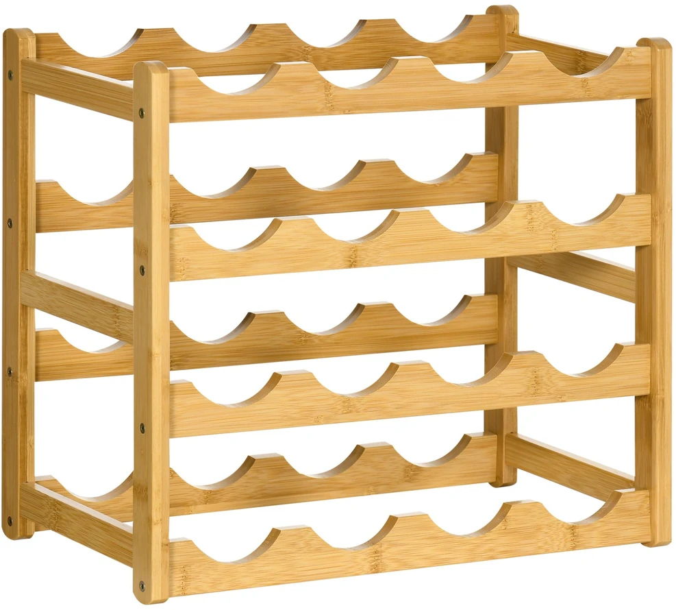 HOMCOM vyno stovas buteliams, bambukinis, natūralaus medžio, 16 butelių, 43x23,5x38 cm
