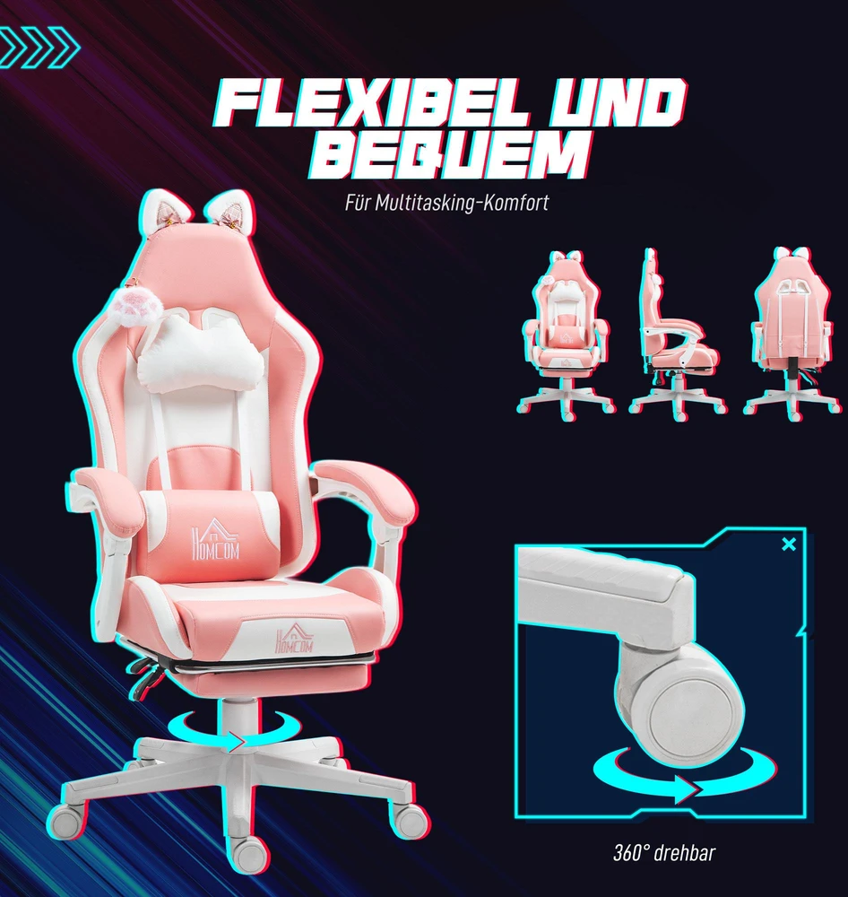 HOMCOM žaidimų kėdė, ergonomiška kėdė žaidėjams su juosmens atrama, kojų atrama, žaidimų fotelis su katės ausytėmis, galvos atrama, reguliuojamo aukščio biuro kėdė su atlošiama funkcija, rožinė