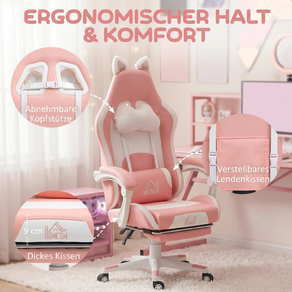 HOMCOM žaidimų kėdė, ergonomiška kėdė žaidėjams su juosmens atrama, kojų atrama, žaidimų fotelis su katės ausytėmis, galvos atrama, reguliuojamo aukščio biuro kėdė su atlošiama funkcija, rožinė