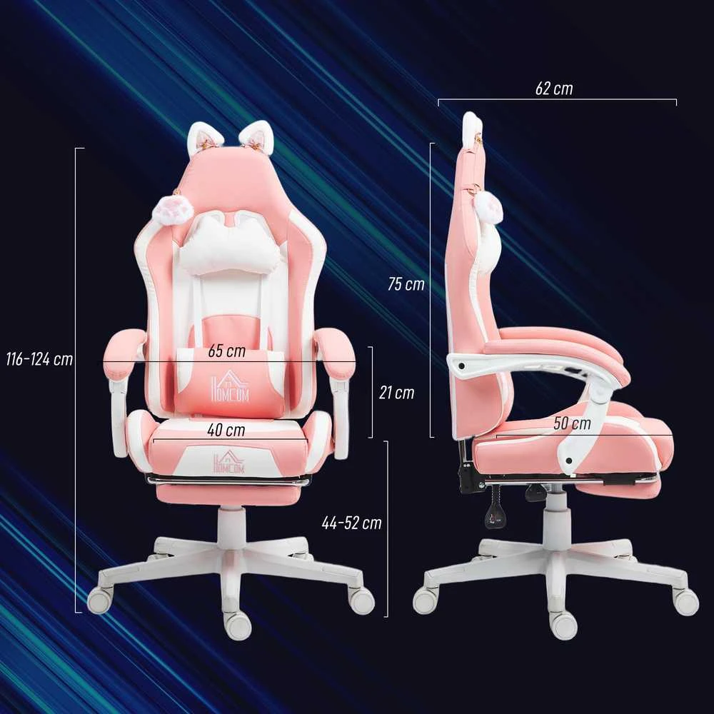 HOMCOM žaidimų kėdė, ergonomiška kėdė žaidėjams su juosmens atrama, kojų atrama, žaidimų fotelis su katės ausytėmis, galvos atrama, reguliuojamo aukščio biuro kėdė su atlošiama funkcija, rožinė