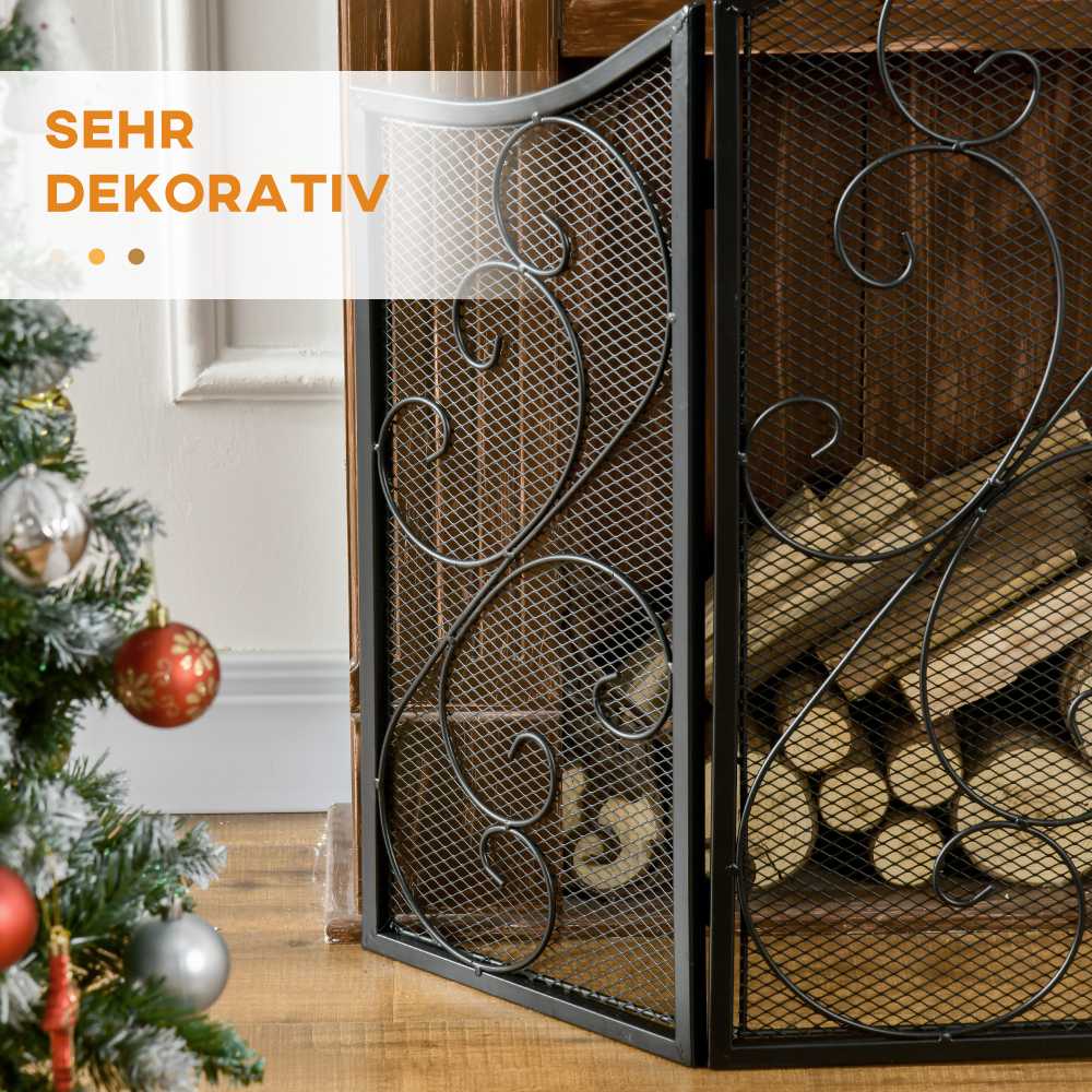 HOMCOM Židinio grotelės, Sulankstomos židinio grotelės, Krosnelės grotelės su 3 skydeliais, Vintažinio dizaino apsaugos nuo kibirkščiavimo grotelės, metalinės, juodos spalvos
