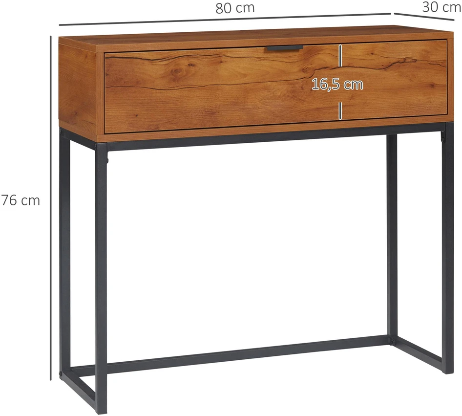 HOMCOM konsolinis staliukas su stalčiumi, industrinio dizaino sofos ar prieškambario staliukas, pagalbinis staliukas svetainei, prieškambariui, plieno, natūralus, 80 x 30 x 76 cm