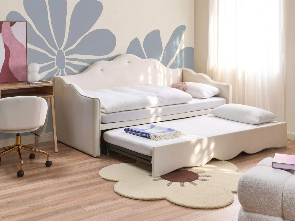 Išskleidžiama lova Beliani LORETTE 90 x 200 cm, smėlio spalvos veliūras